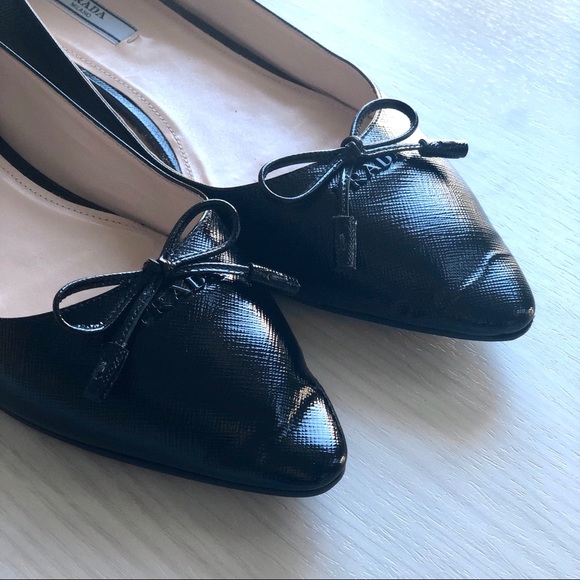 Prada Black Saffiano Leather Bow Pointed Toe Flats - Picture 4 of 8